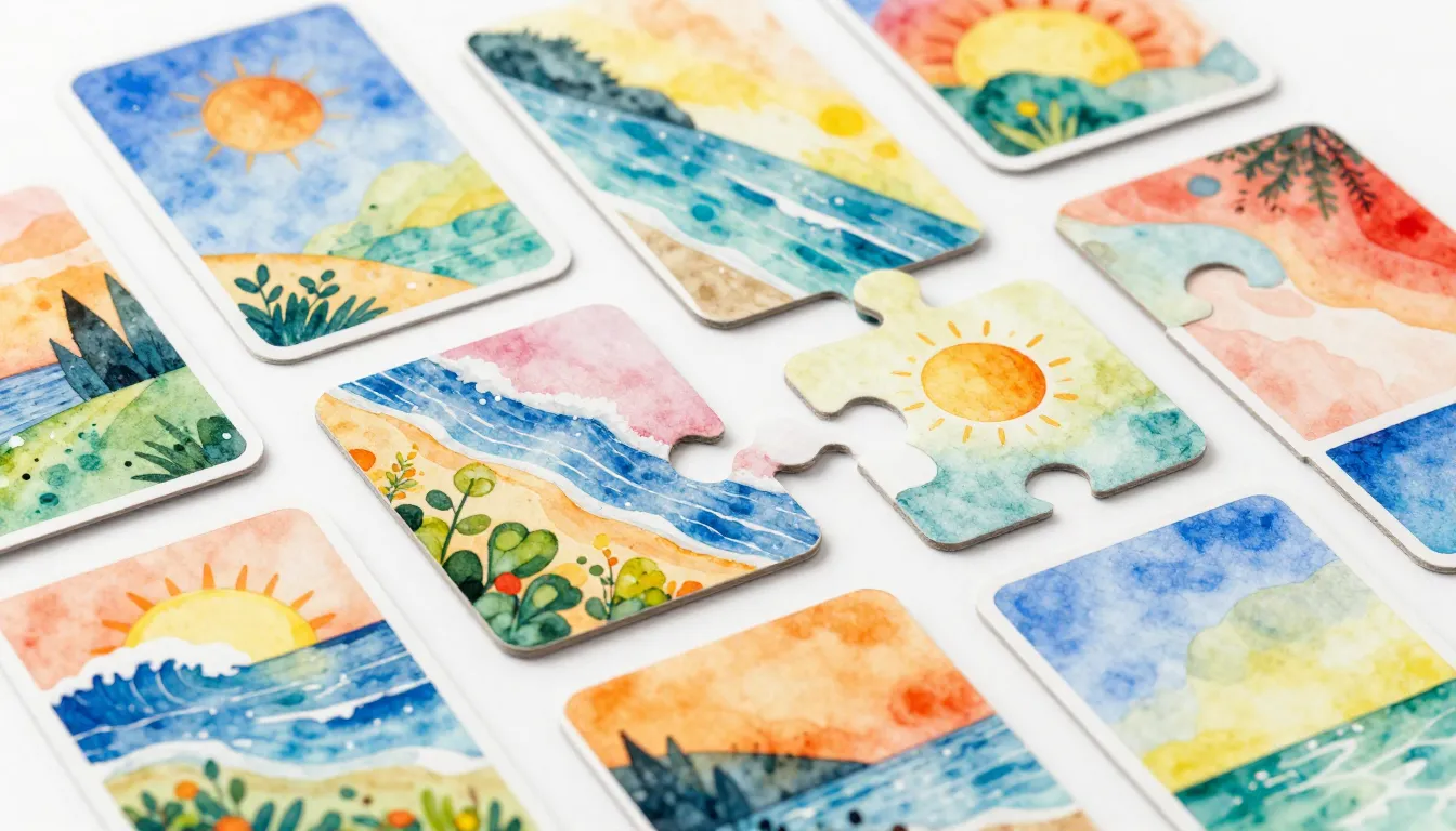 Watercolor style. Abstract colorful memory cards with nature...