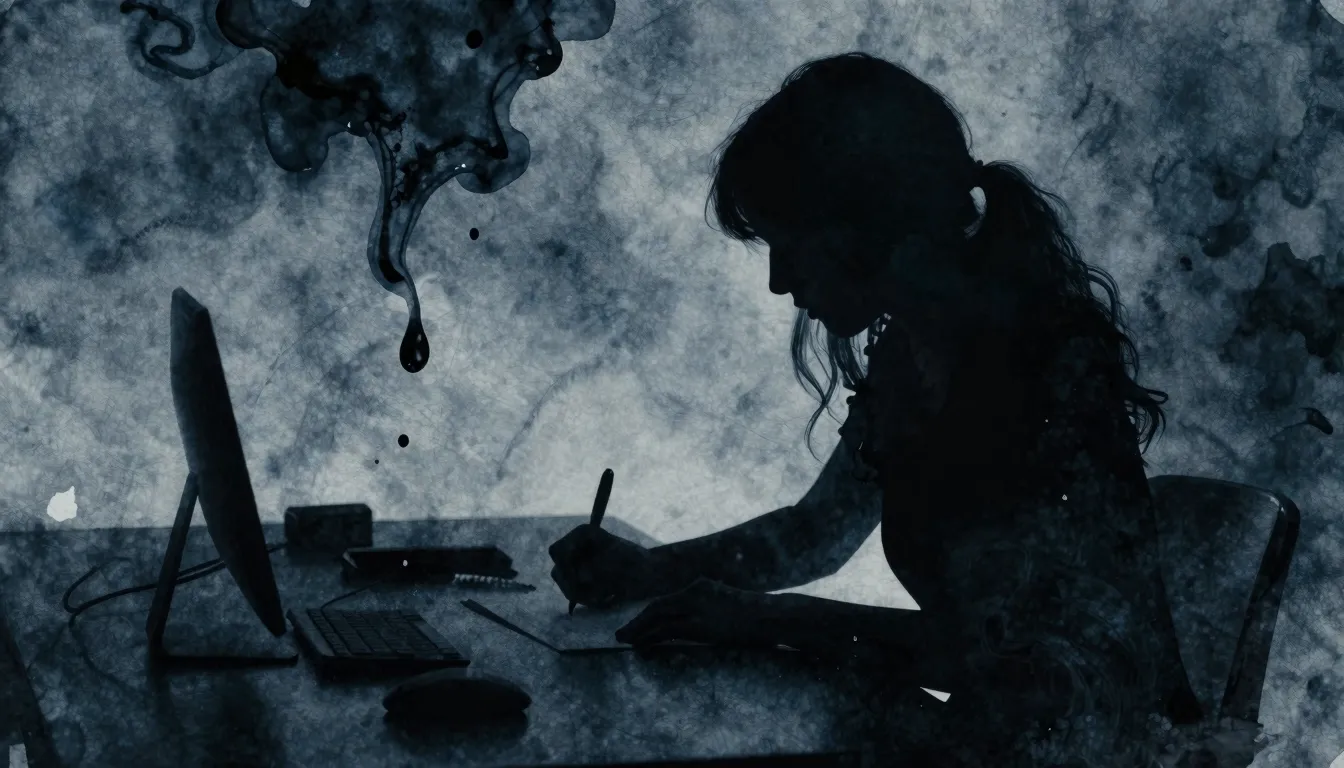 Watercolor style. Silhouette of a woman writing at a dark de...
