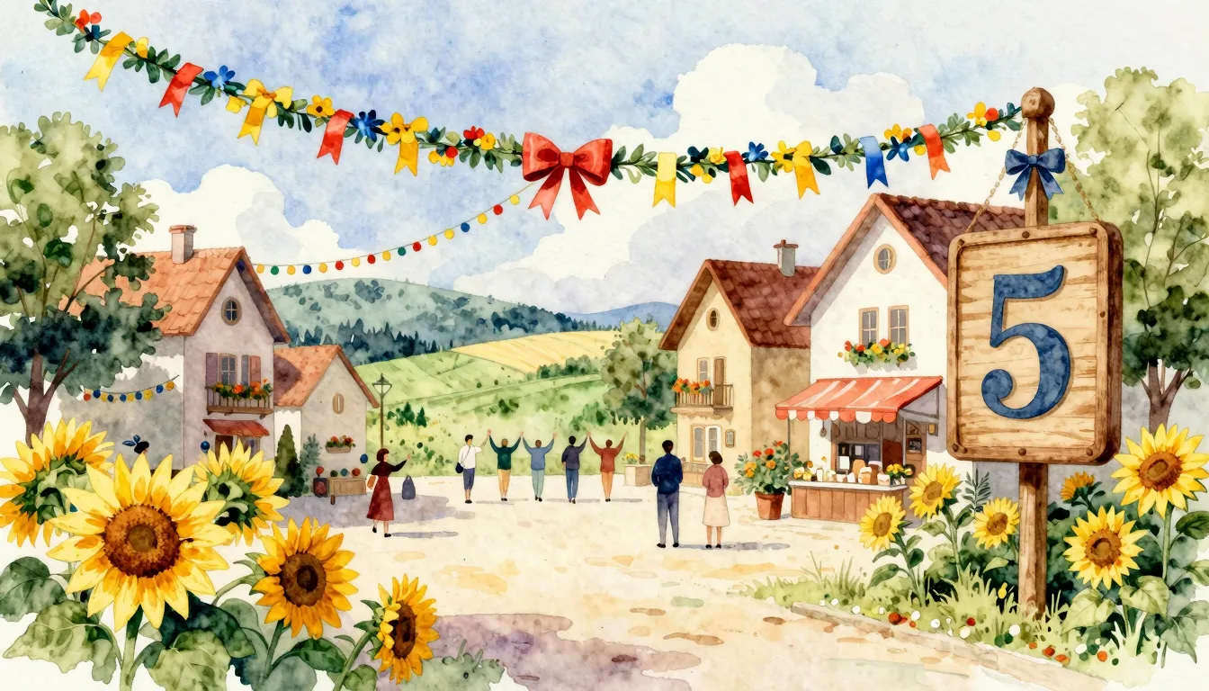 Watercolor style. A festive village square decorated with br...
