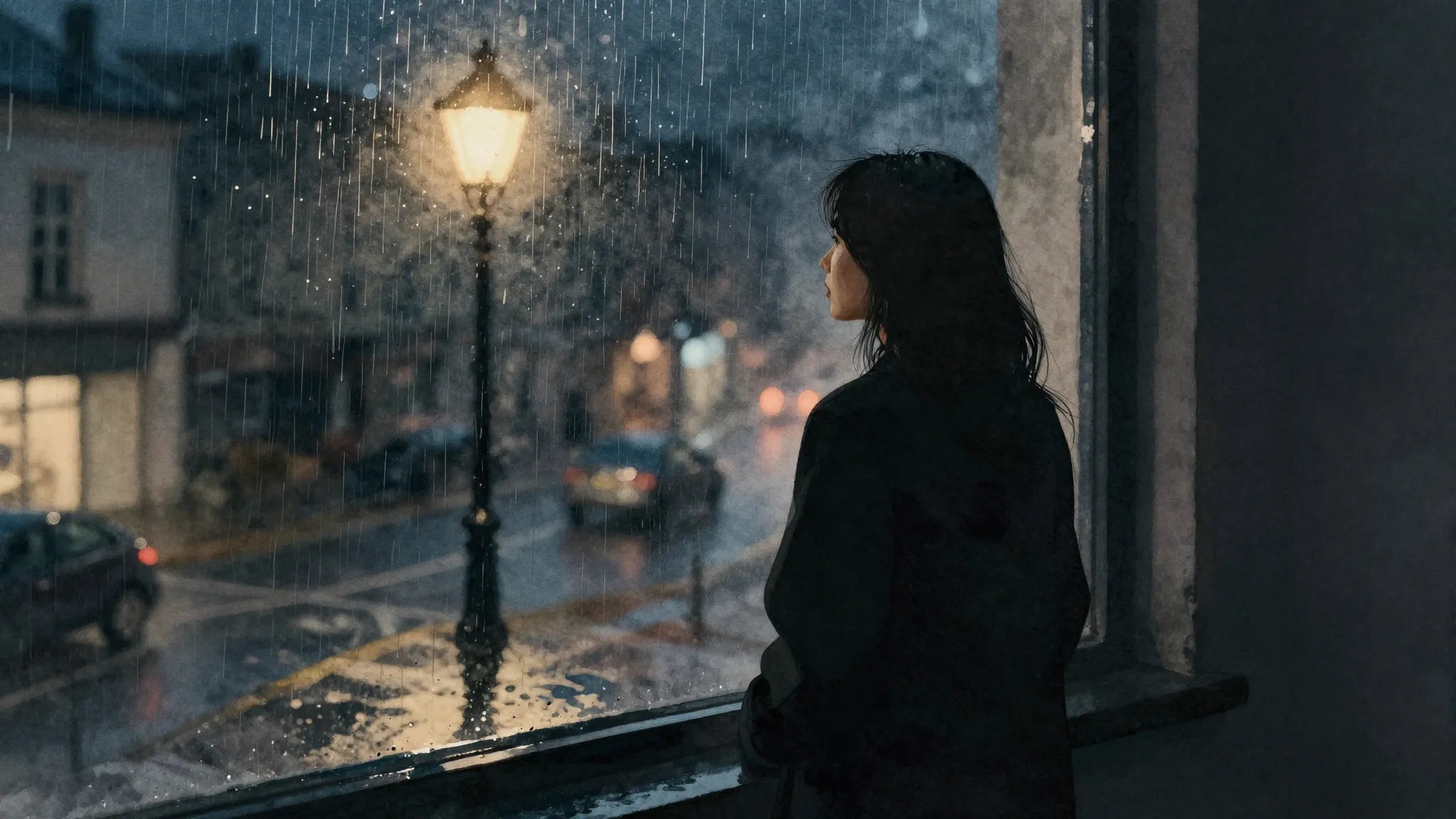 Watercolor style. A silhouette of a woman looking out a rain...
