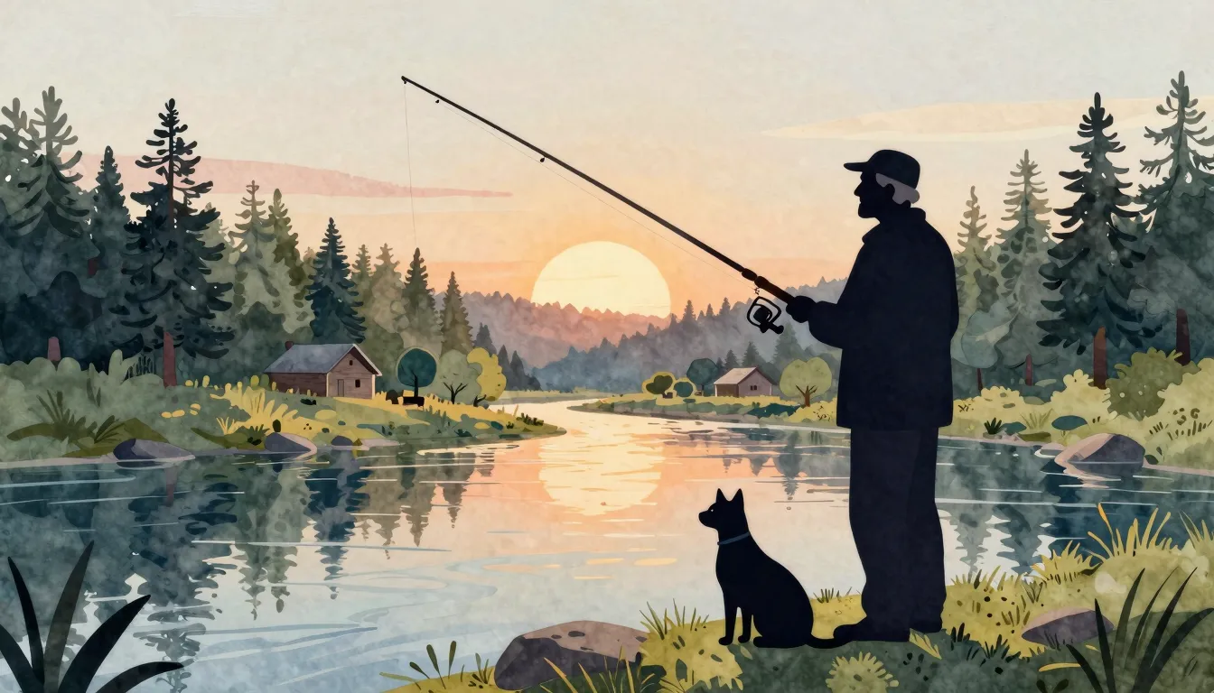 Watercolor style. Silhouette of an elderly man with a fishin...