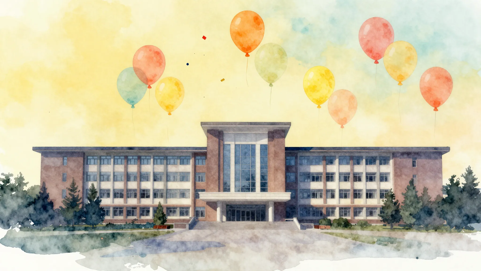 Watercolor style. Silhouette of a modern school building wit...