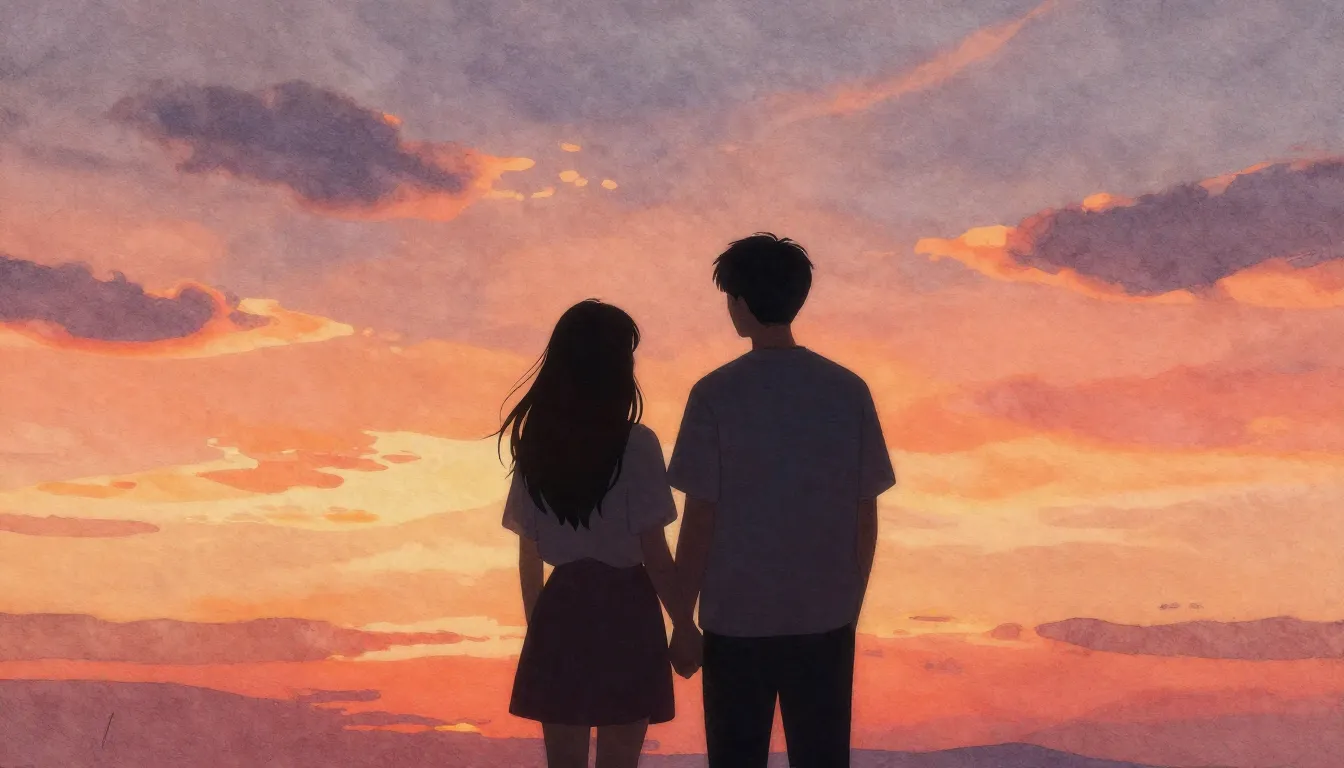 Watercolor style. A silhouette of a couple standing together...