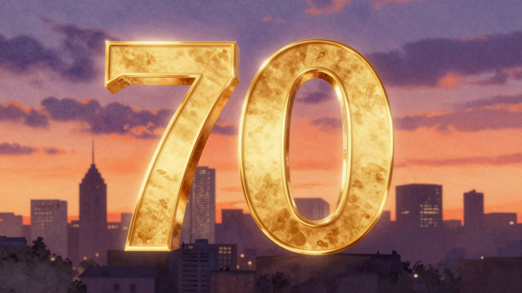 Watercolor style. A golden number 70 glowing against a backd...