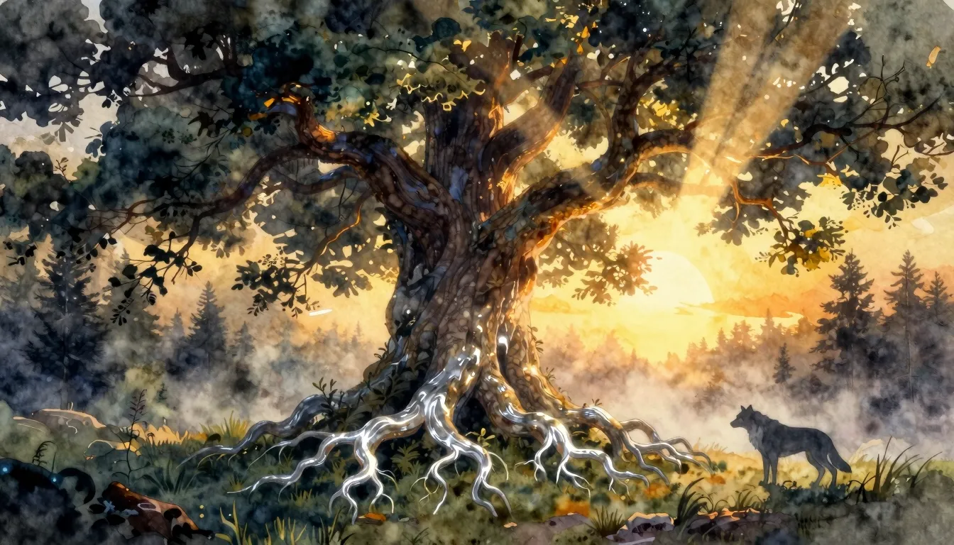 Vibrant watercolor style. A mystical Slavic forest at dawn, ...
