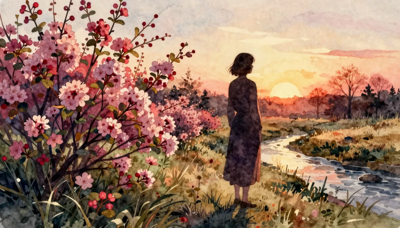 Watercolor style. A silhouette of a woman stands in a field ...