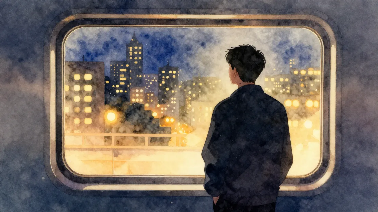 Watercolor style. Silhouette of a man standing at a train wi...