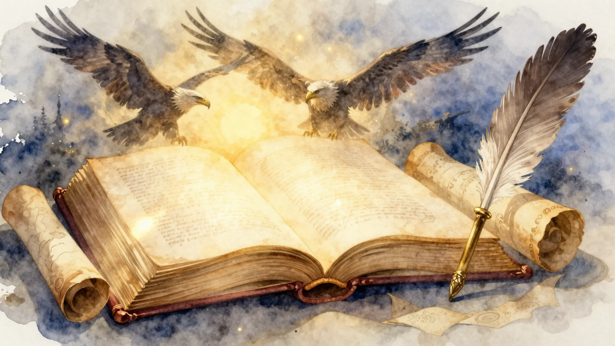 Watercolor style. A majestic open book with glowing pages, s...