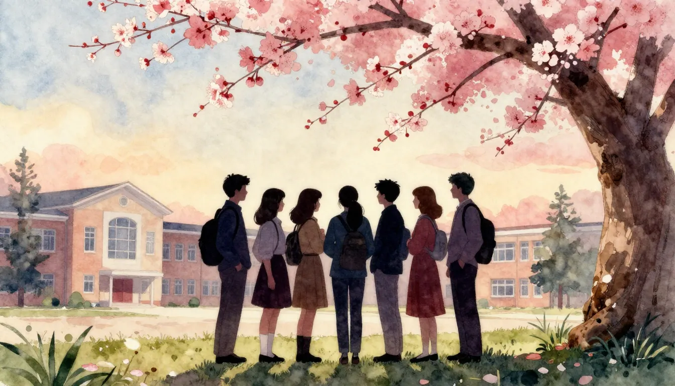 Watercolor style. A nostalgic silhouette of a group of frien...