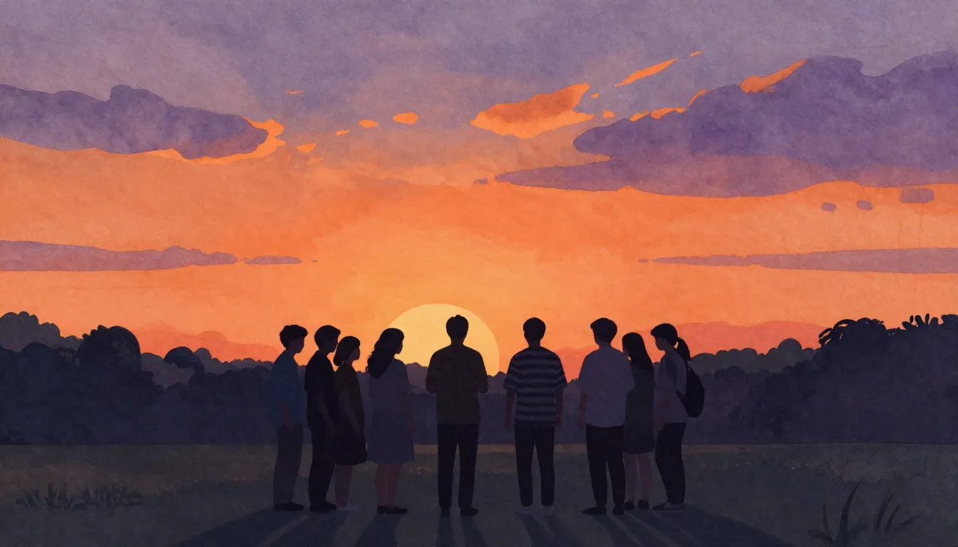 Watercolor style. A silhouette of a group of friends standin...