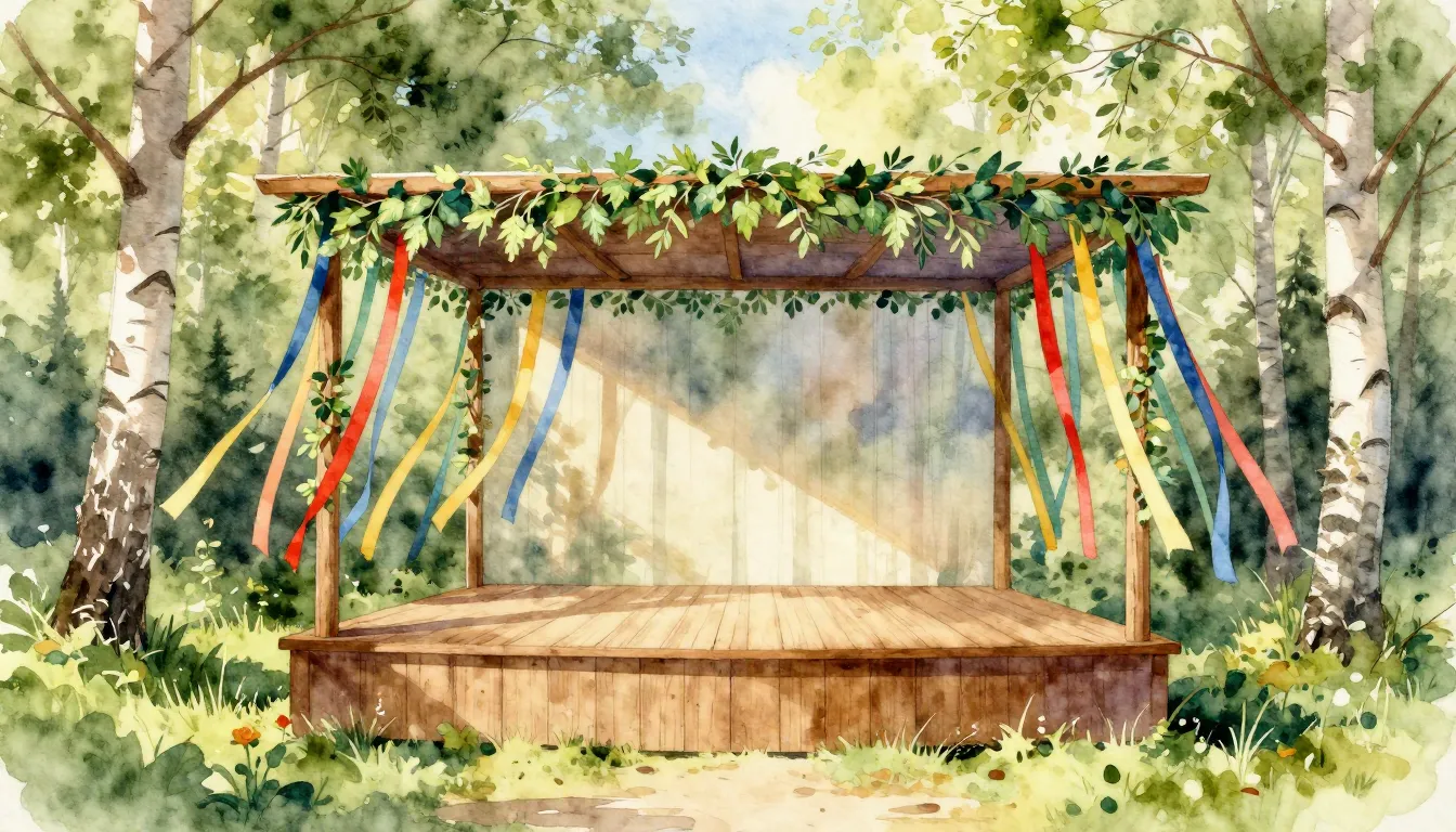 Watercolor style. Outdoor wooden stage decorated with green ...