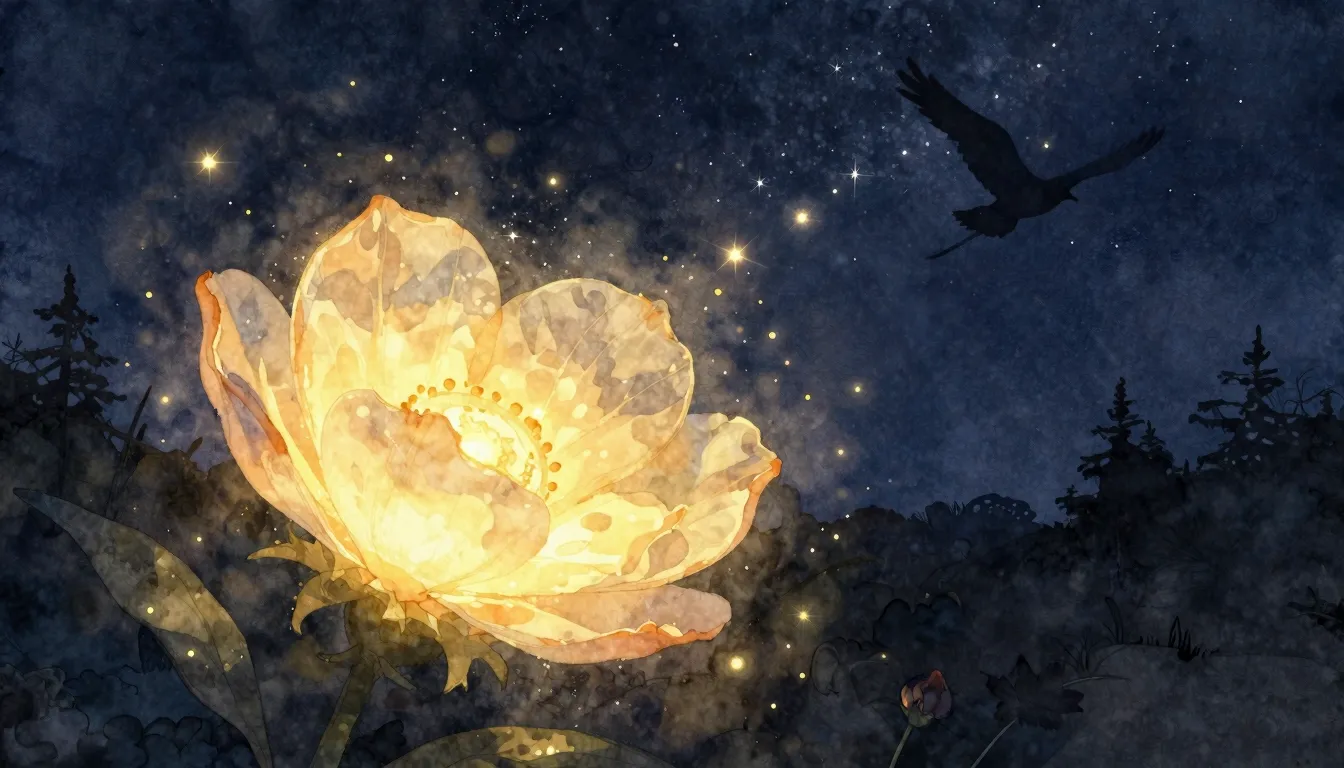 Watercolor style. A glowing magical flower blooming in the d...