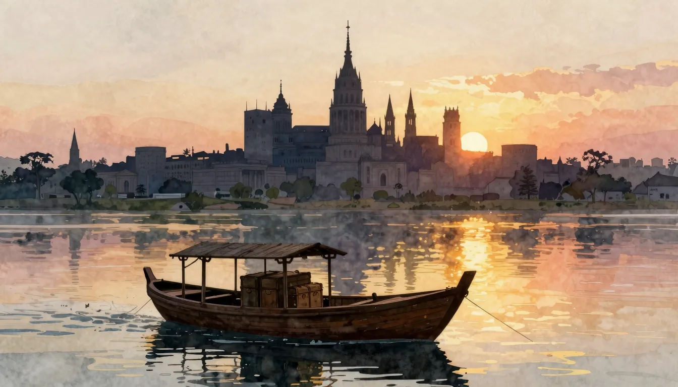 Watercolor style. Silhouette of a wooden boat on a river, ca...