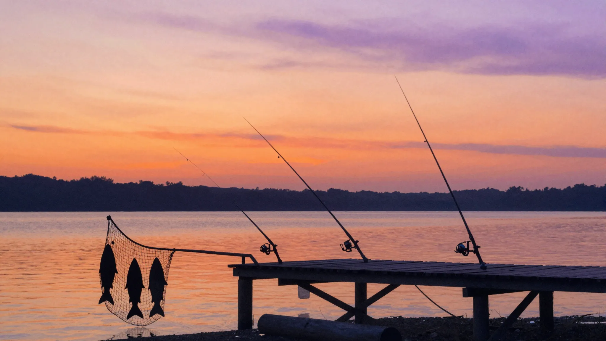 Watercolor style. A silhouette of a peaceful lake at sunset ...