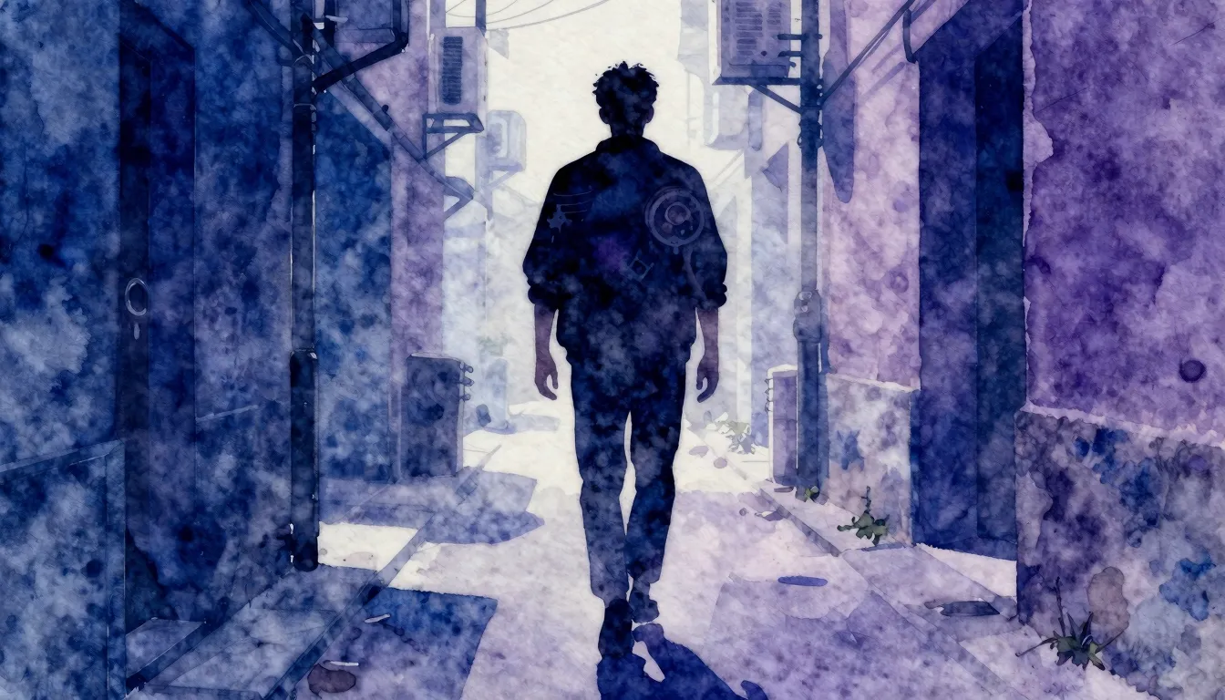 Watercolor style. A dark silhouette of a person walking conf...