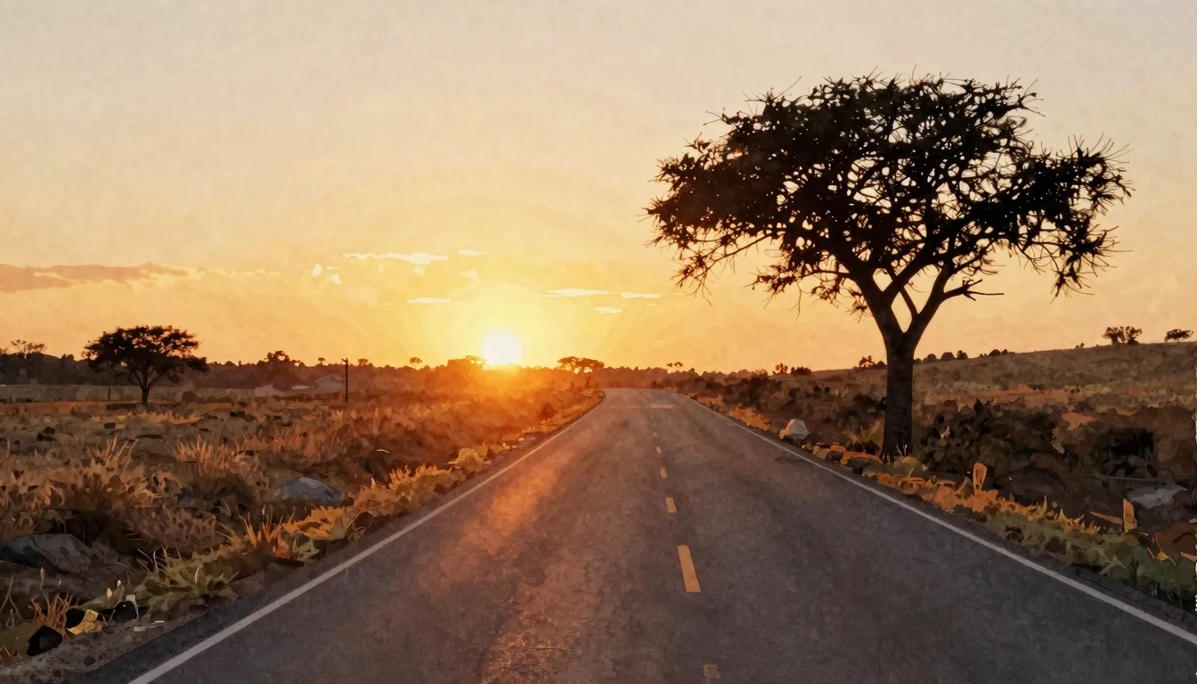 Watercolor style. A winding road disappearing into a golden ...