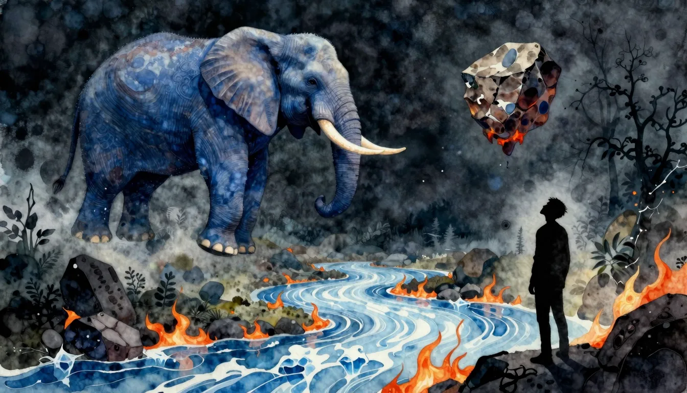Watercolor style. A surreal landscape with a flying blue ele...