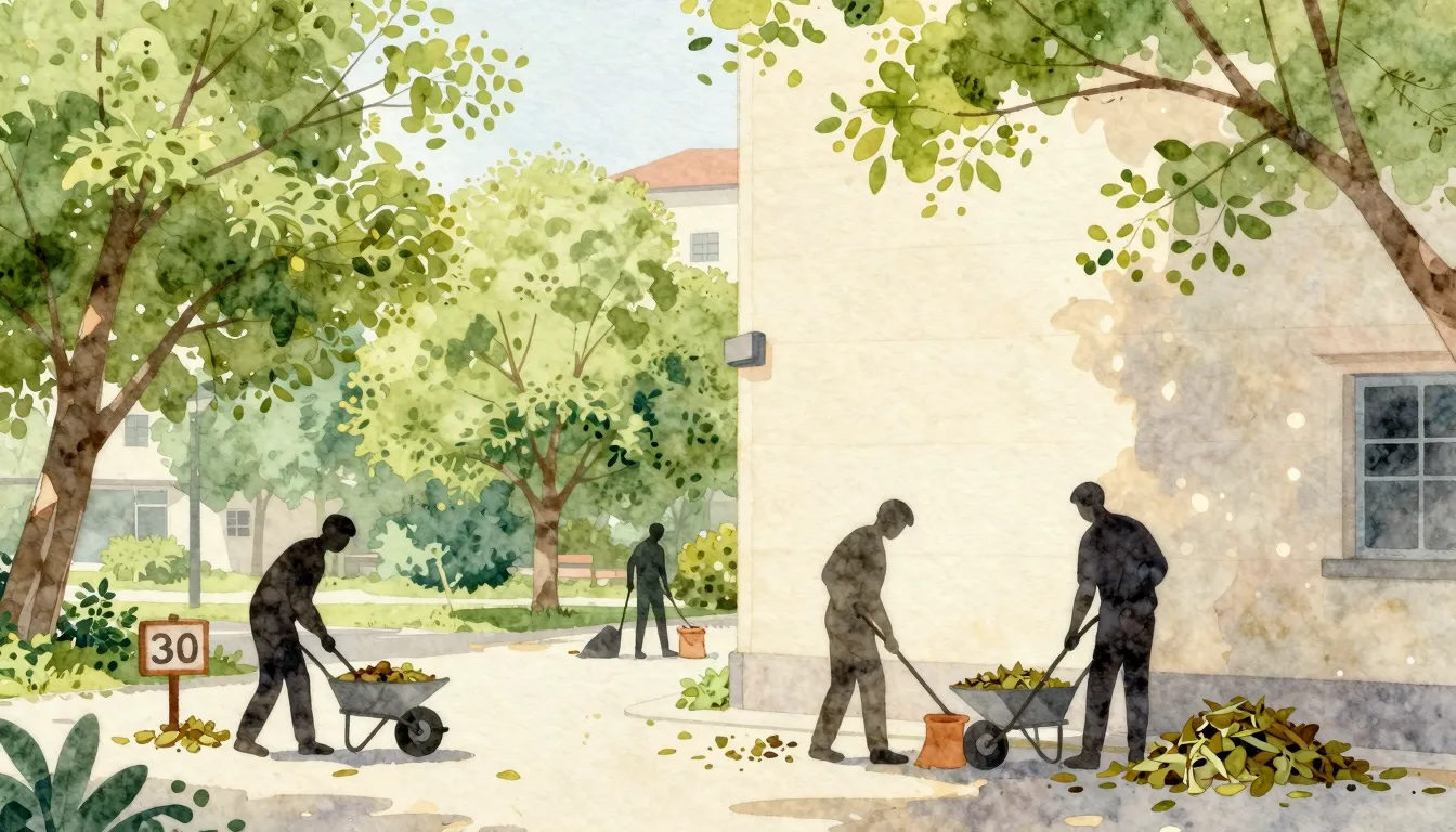 Watercolor style. Silhouettes of people cleaning a park area...