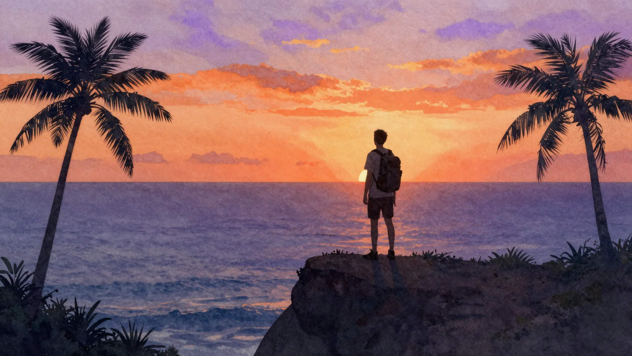 Watercolor style. Silhouette of a lone traveler with a backp...