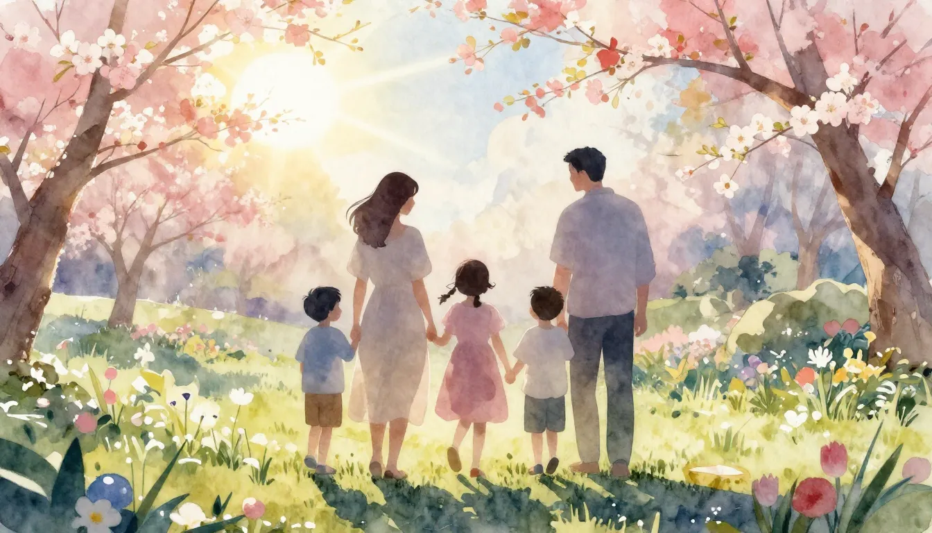 Watercolor style. A silhouette of a large happy family stand...
