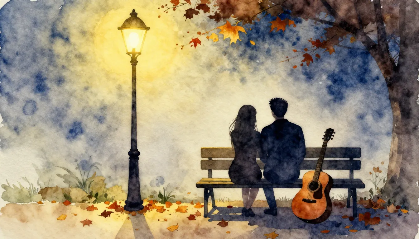 Watercolor style. A romantic evening setting, a silhouette o...