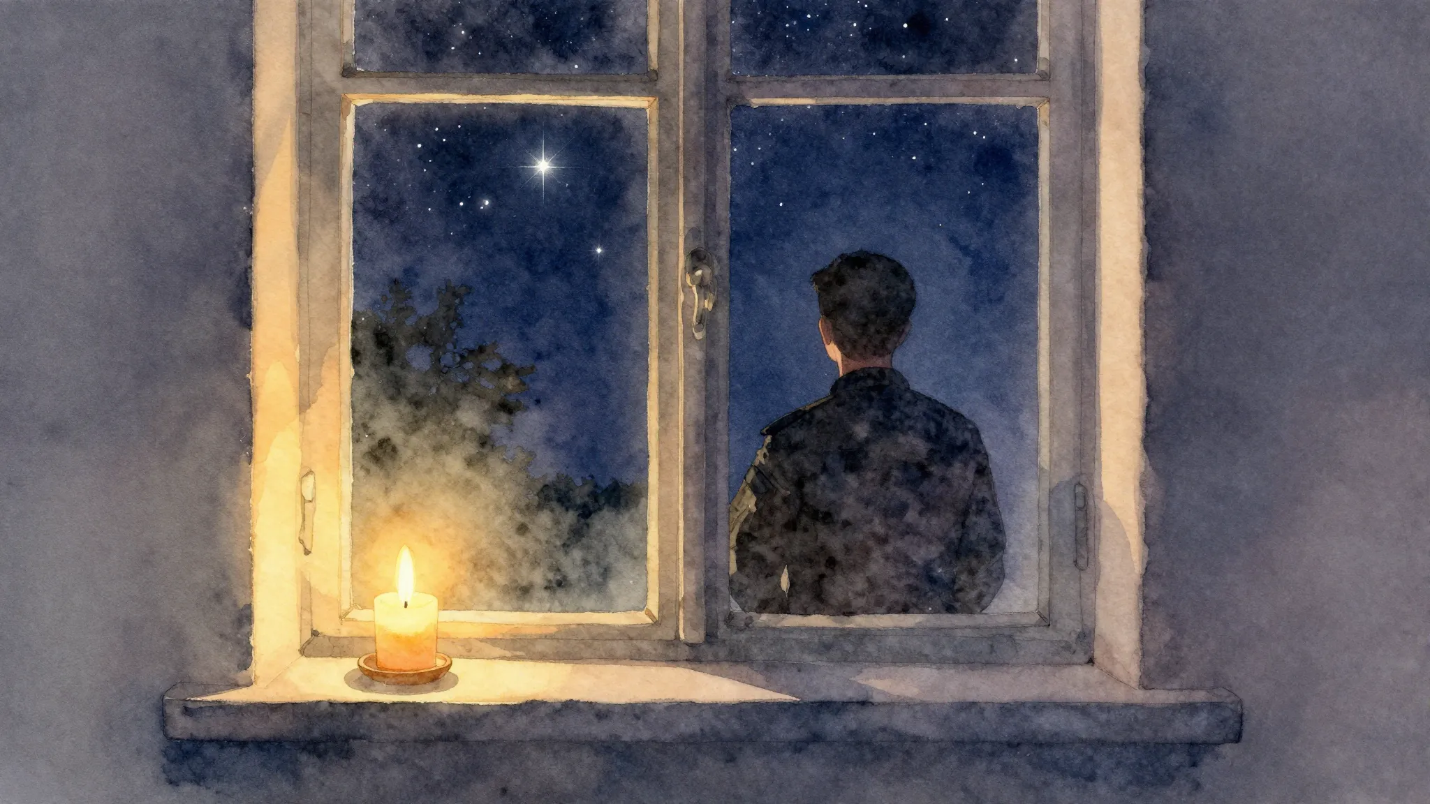 Watercolor style. A cozy window with warm light inside, a si...