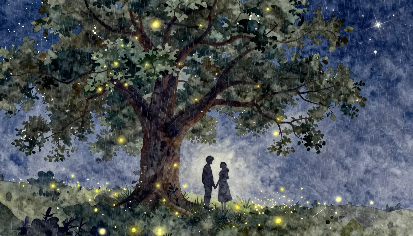 Watercolor style. A silhouette of a couple stands under a la...