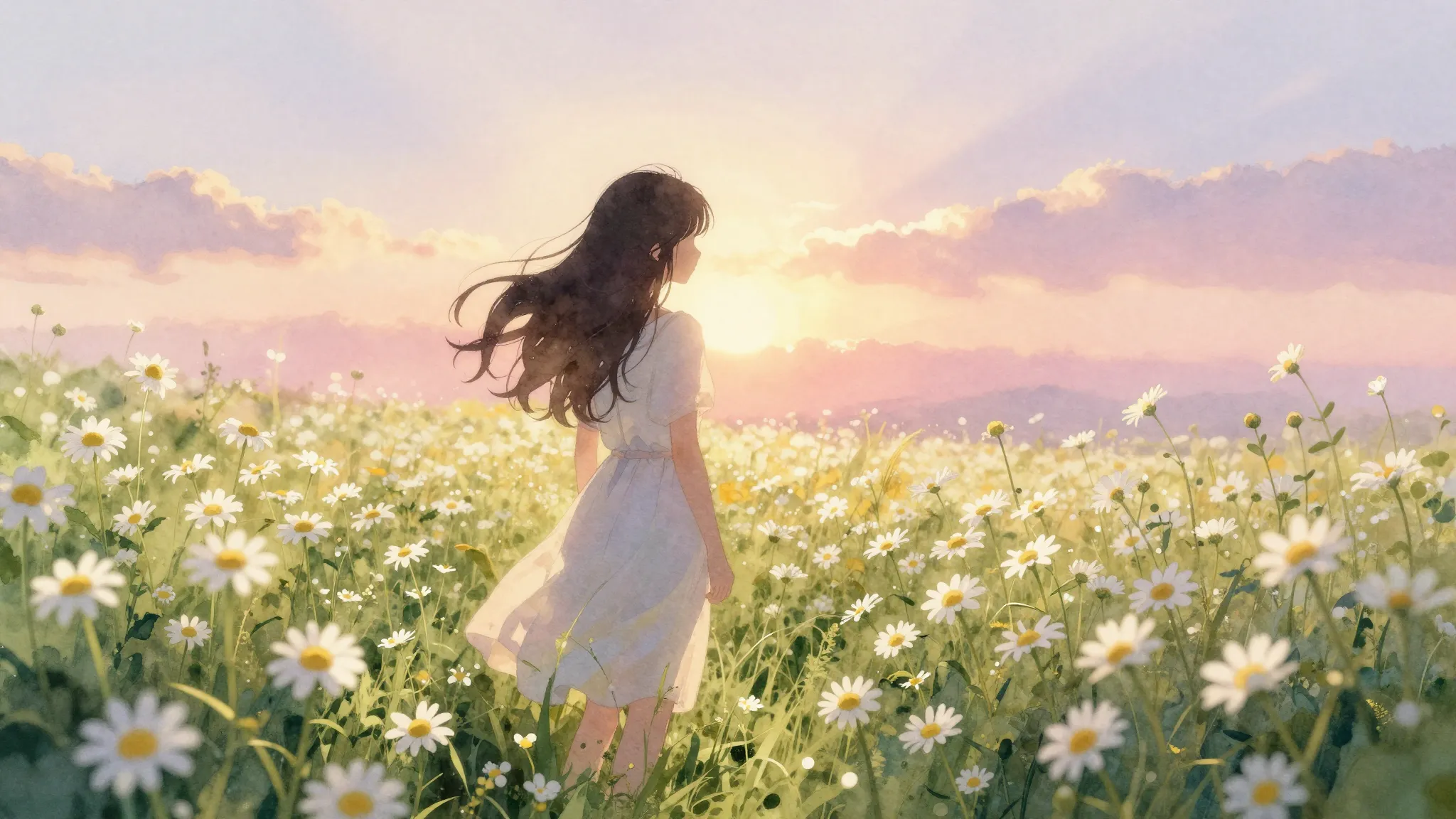 Watercolor style. A silhouette of a girl in a wide field of ...