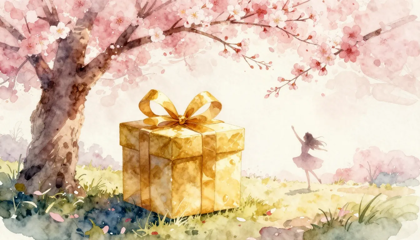 Watercolor style. A golden gift box under a blooming cherry ...