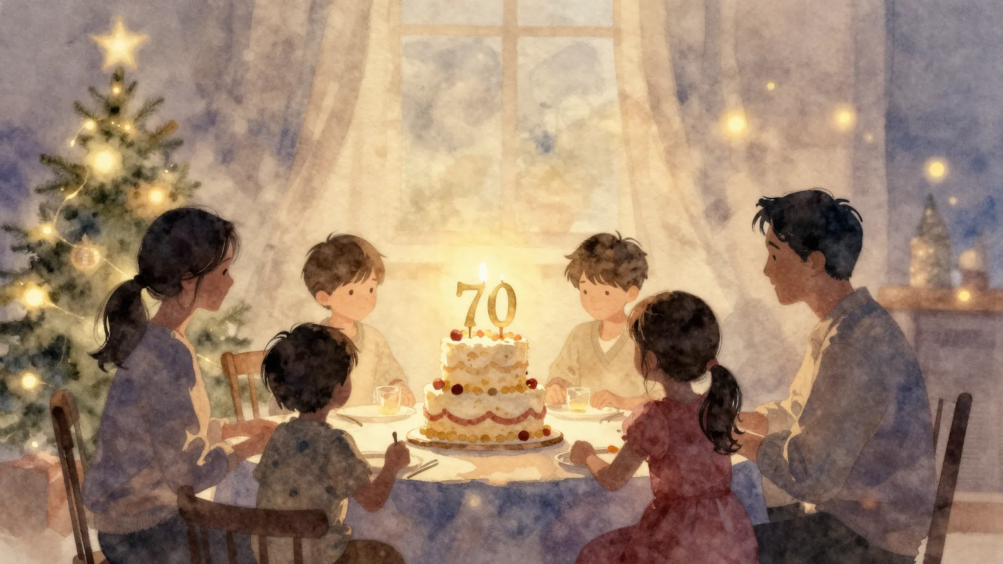 Watercolor style. Silhouette of a family gathered around a f...