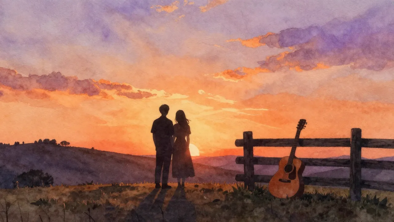 Watercolor style. Silhouettes of a couple standing on a roll...