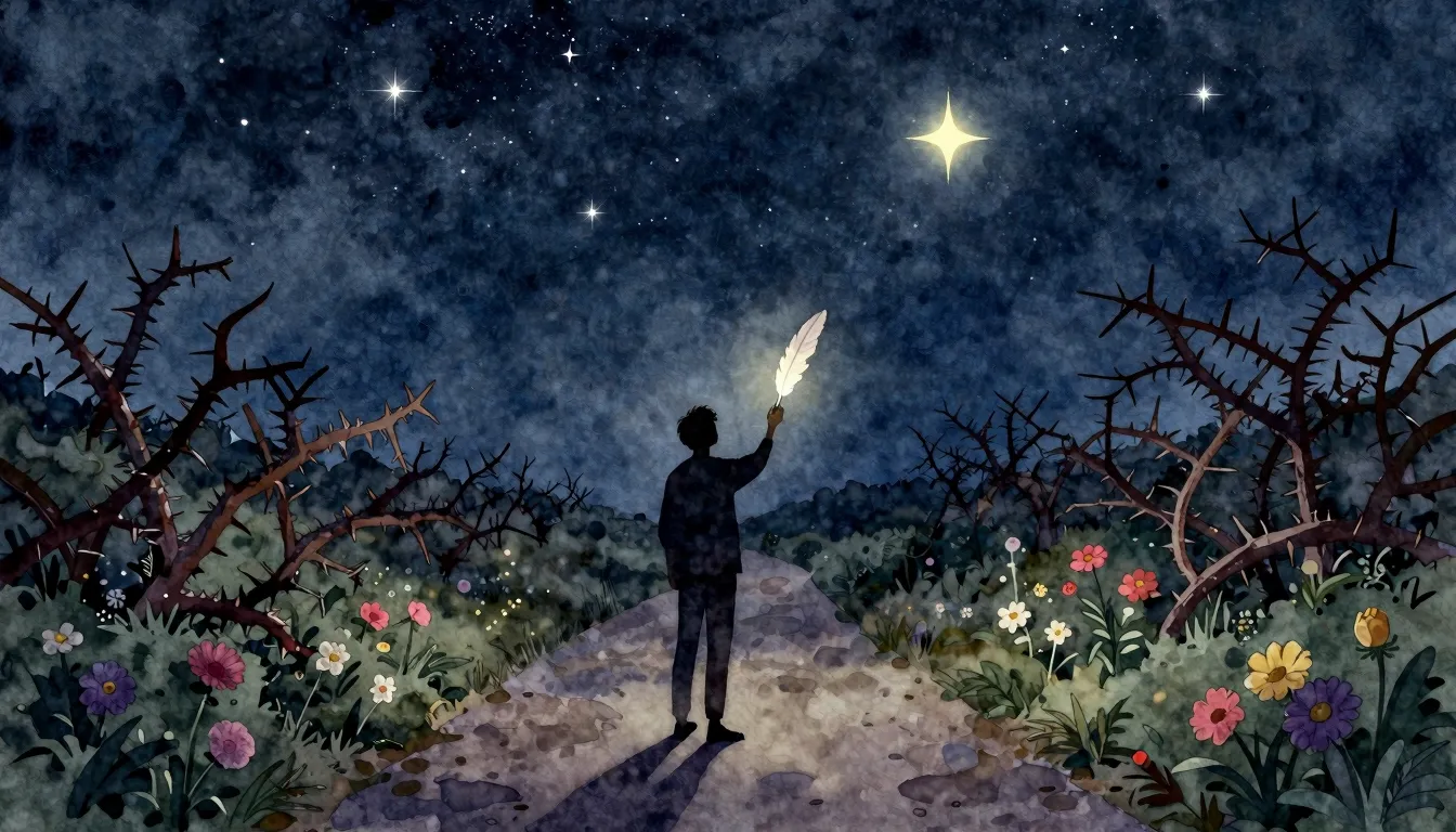 Watercolor style. A silhouette of a person standing on a win...