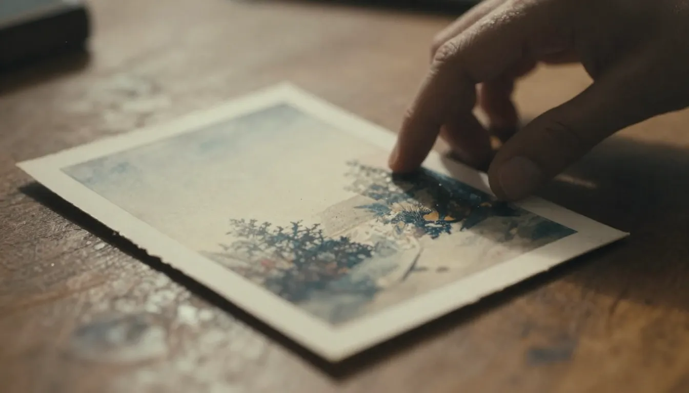 Watercolor style. A close-up of an old paper photograph lyin...