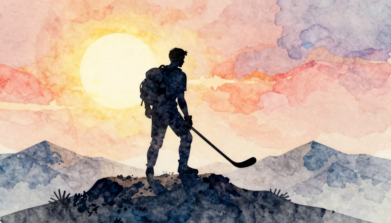Watercolor style. Silhouette of a man with a hockey stick an...