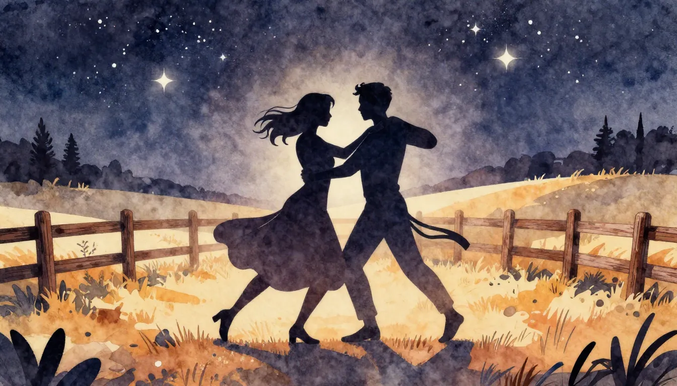 Watercolor style. Silhouette of a couple dancing in a circle...
