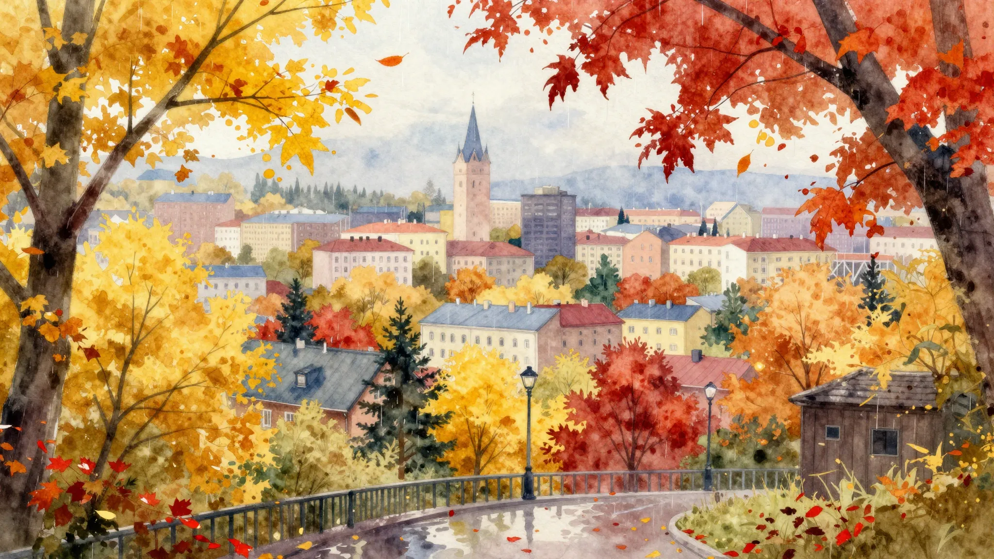 Vibrant watercolor style. Autumn Barnaul cityscape, vibrant ...