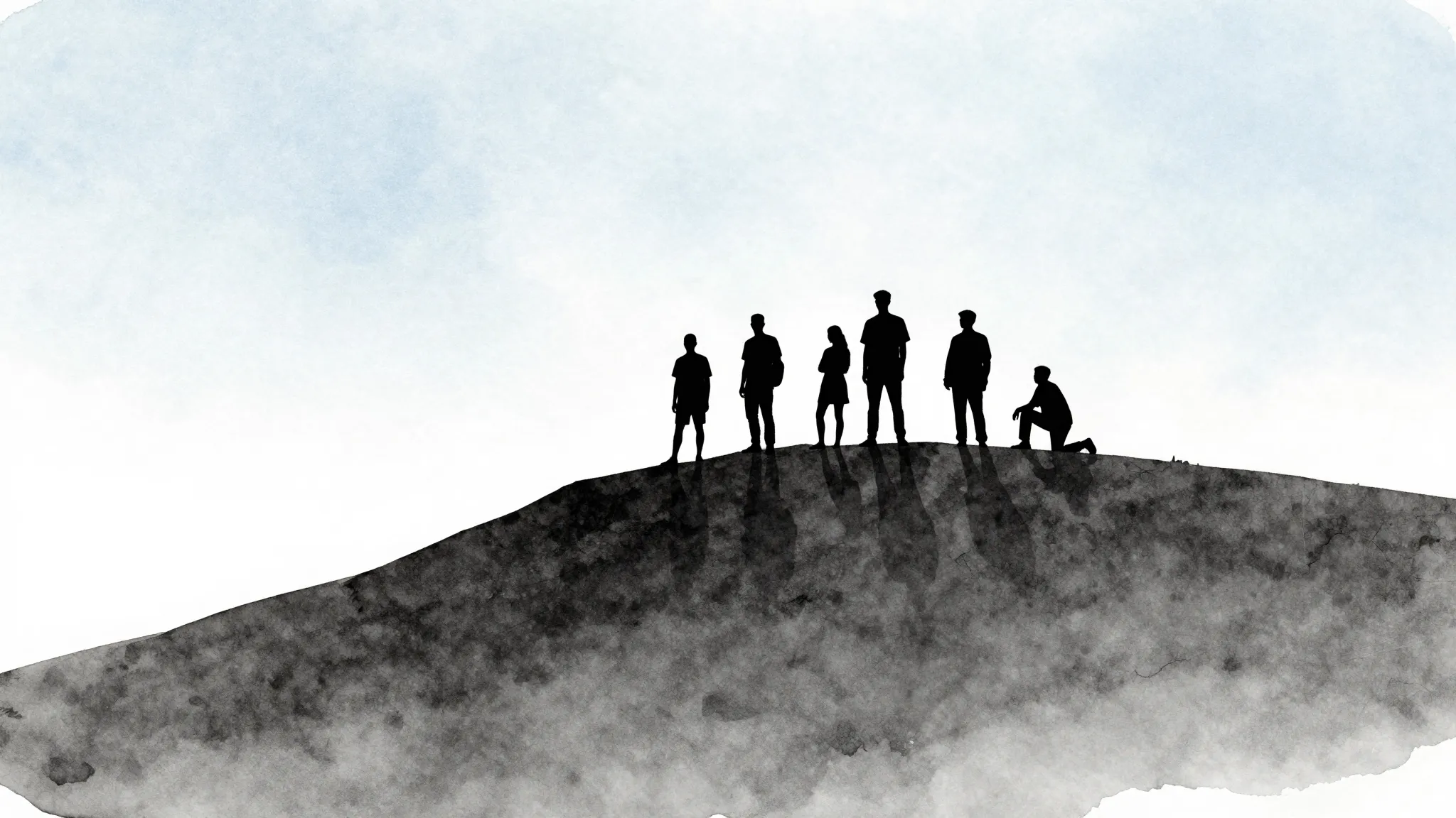 Watercolor style. Silhouettes of several people standing on ...