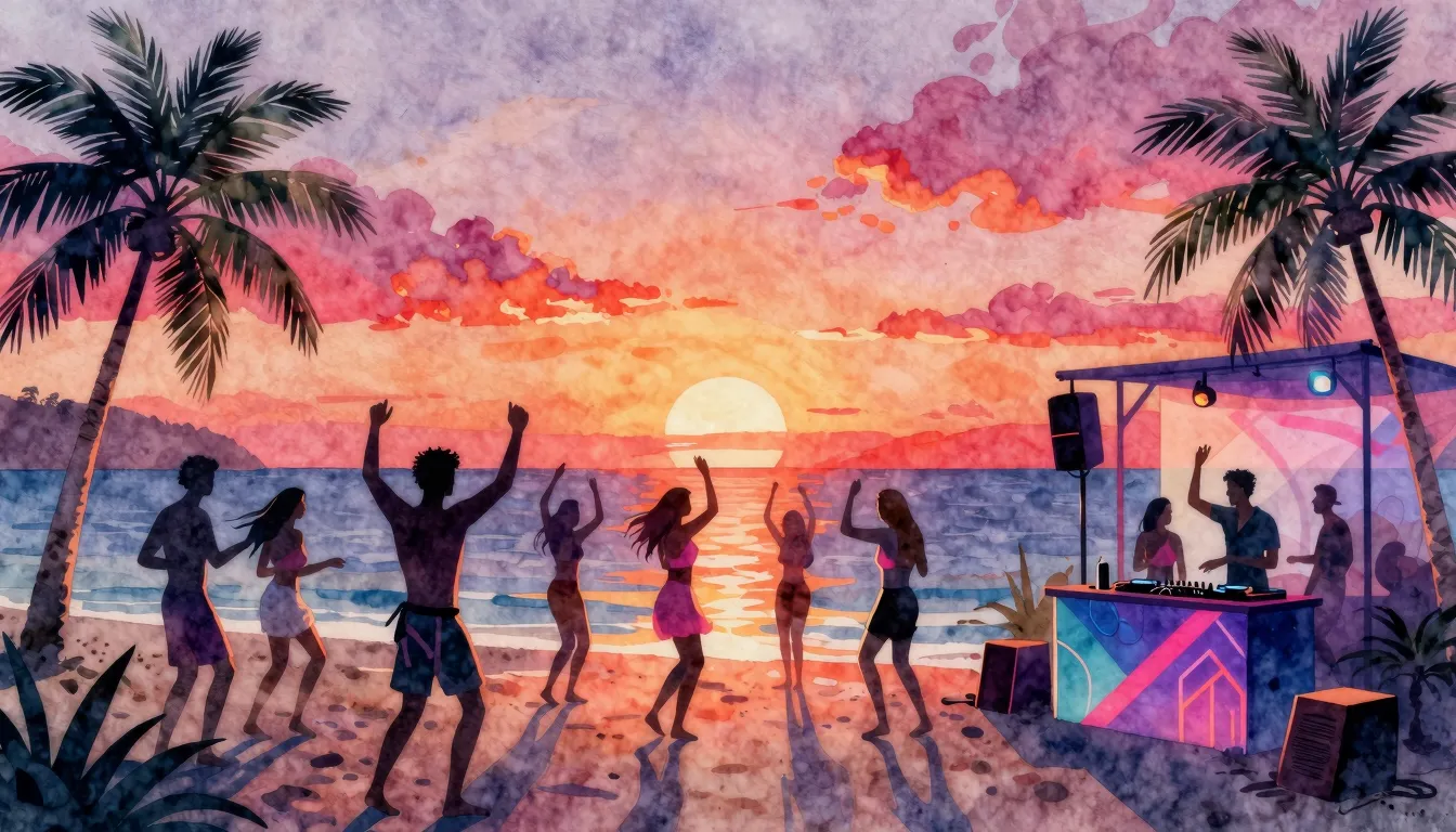 Watercolor style. A vibrant sunset over a beach party, silho...