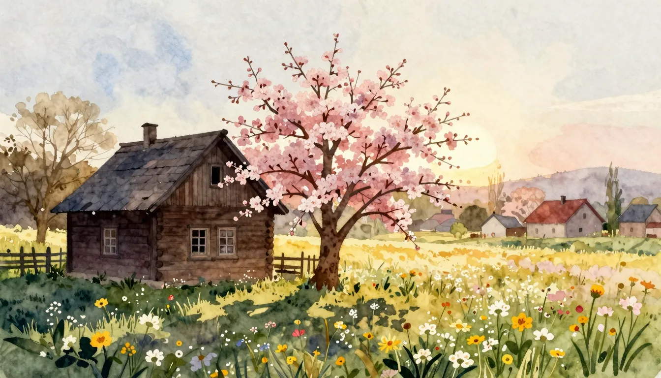 Watercolor style. A serene summer day in a rustic village, s...