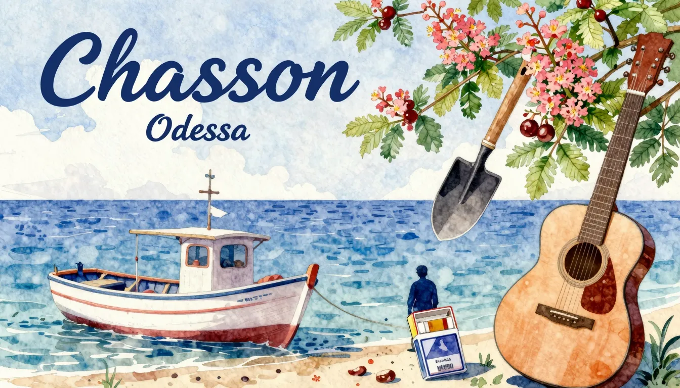 Vibrant watercolor style. Chanson album cover: Odessa, sea, ...