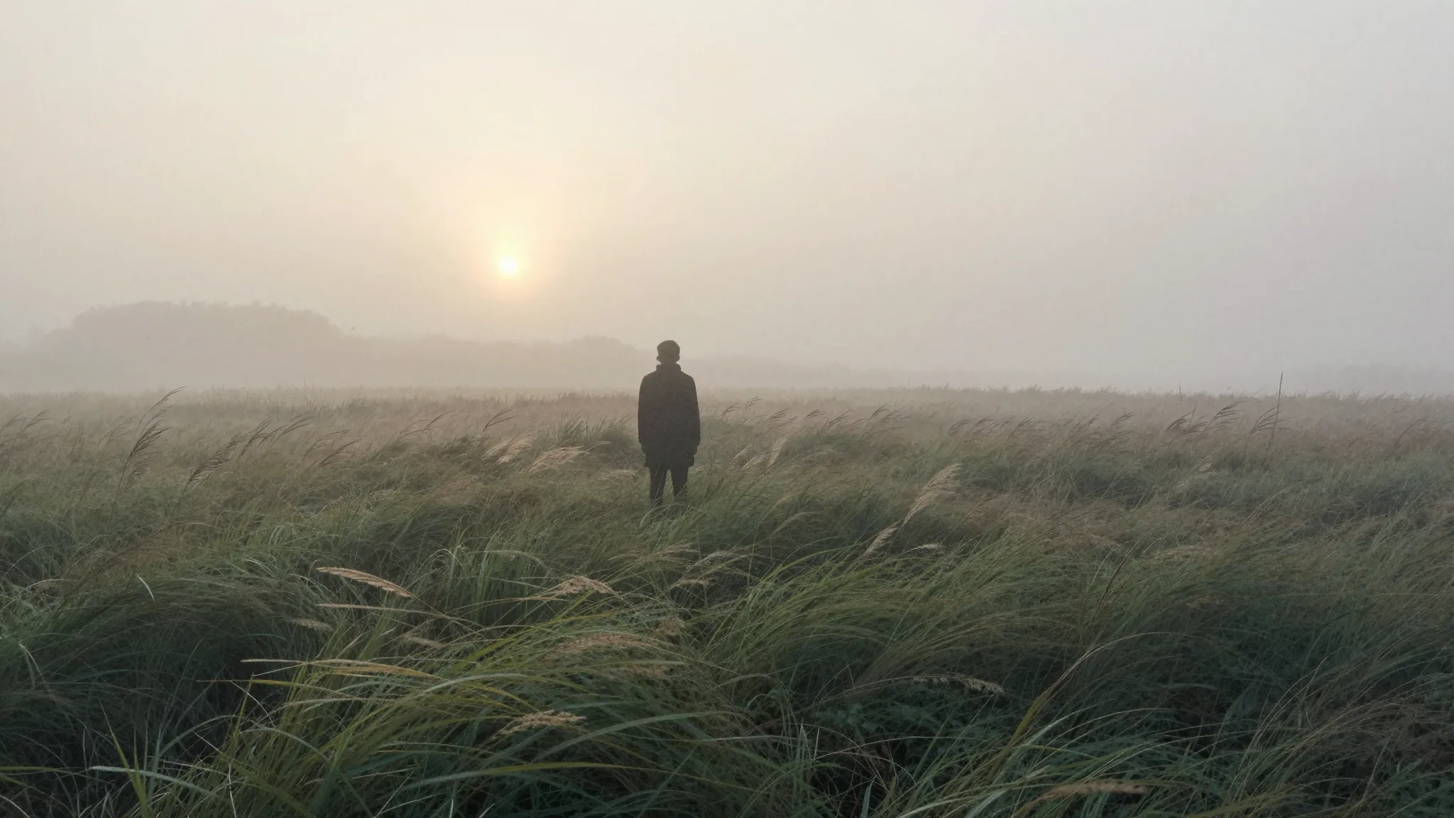 Watercolor style. A silhouette stands in a vast, misty field...