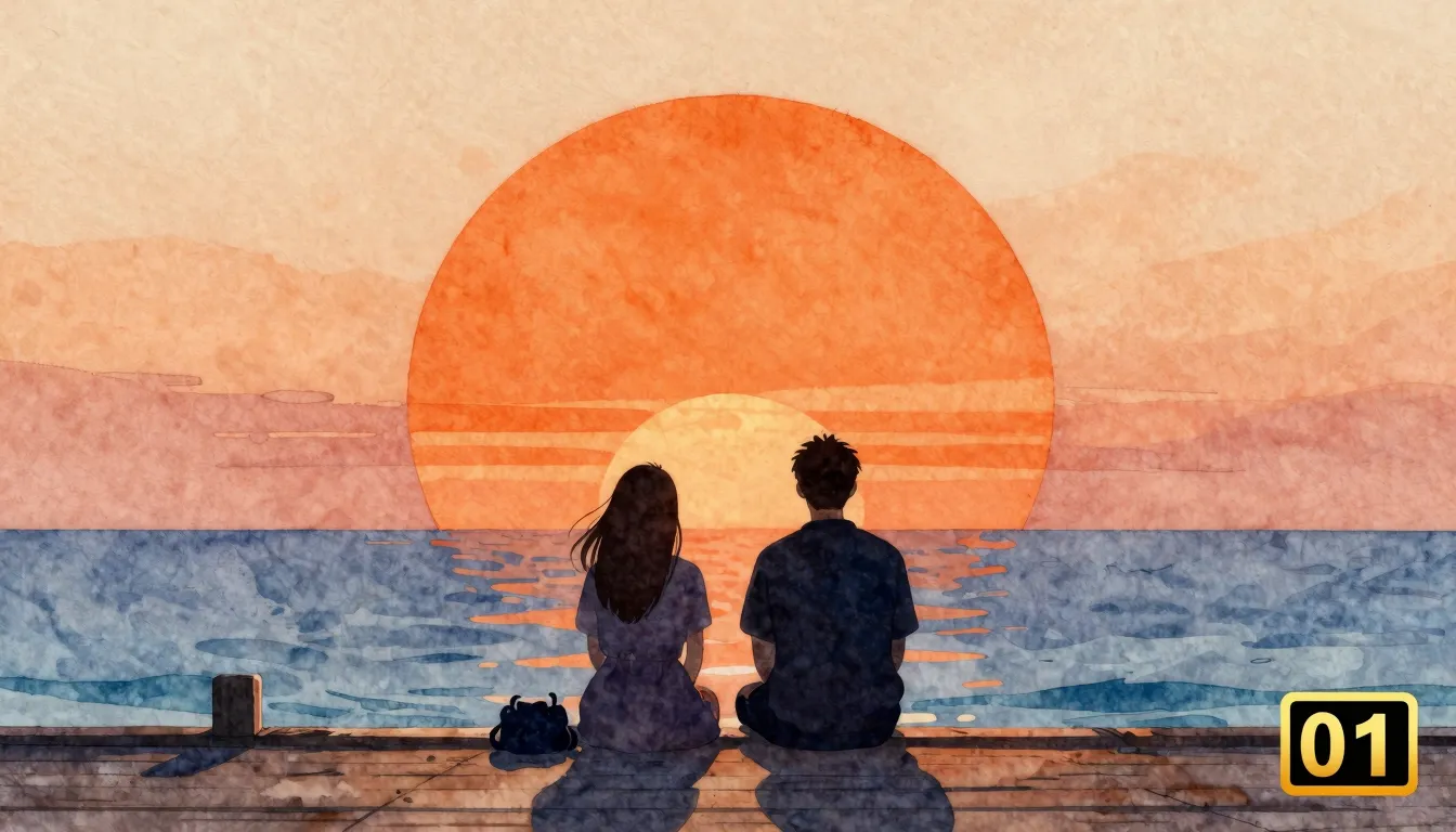Watercolor style. Two dark silhouettes of a couple sitting o...