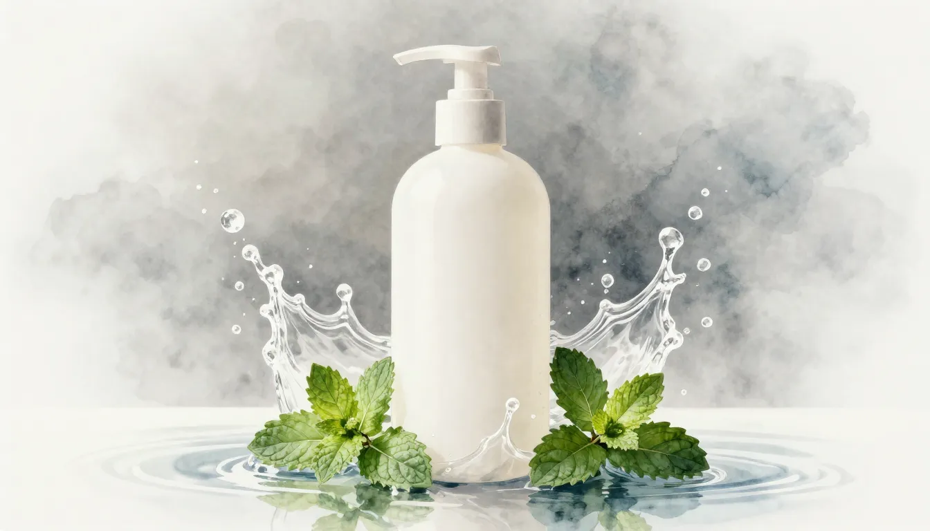 Watercolor style. Minimalist shampoo bottle standing in a dy...