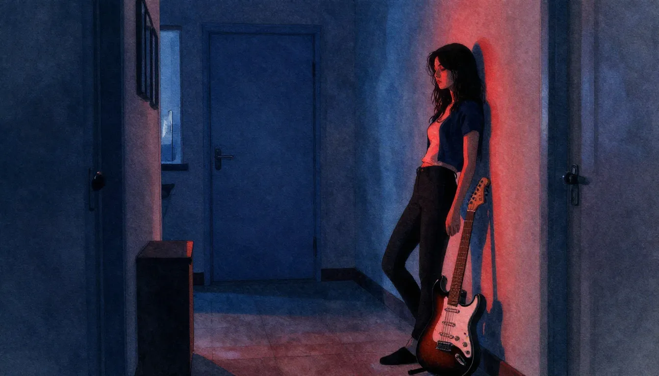 Watercolor style. A dimly lit apartment hallway with a close...