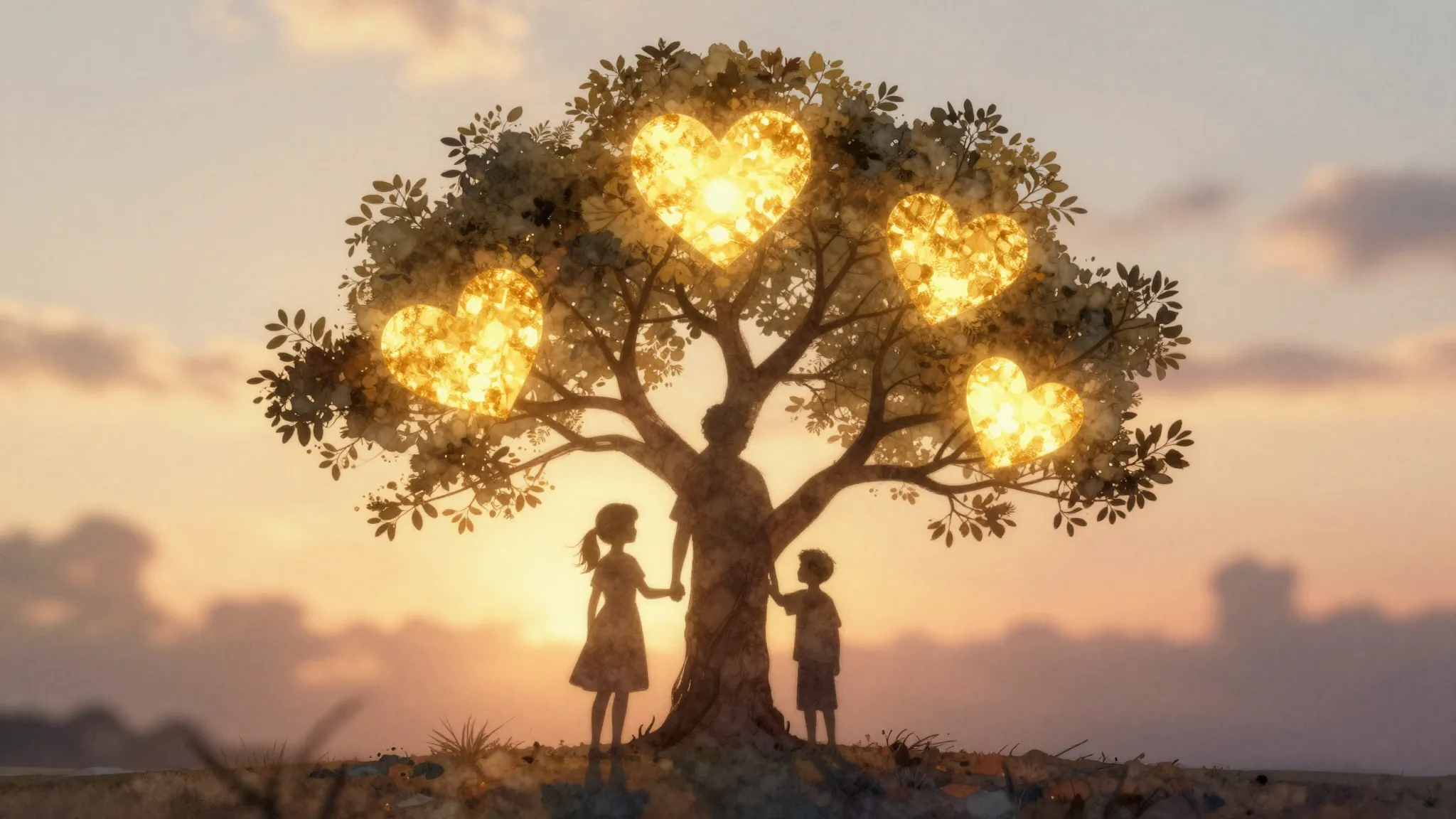 Watercolor style. A cozy family tree silhouette with four gl...