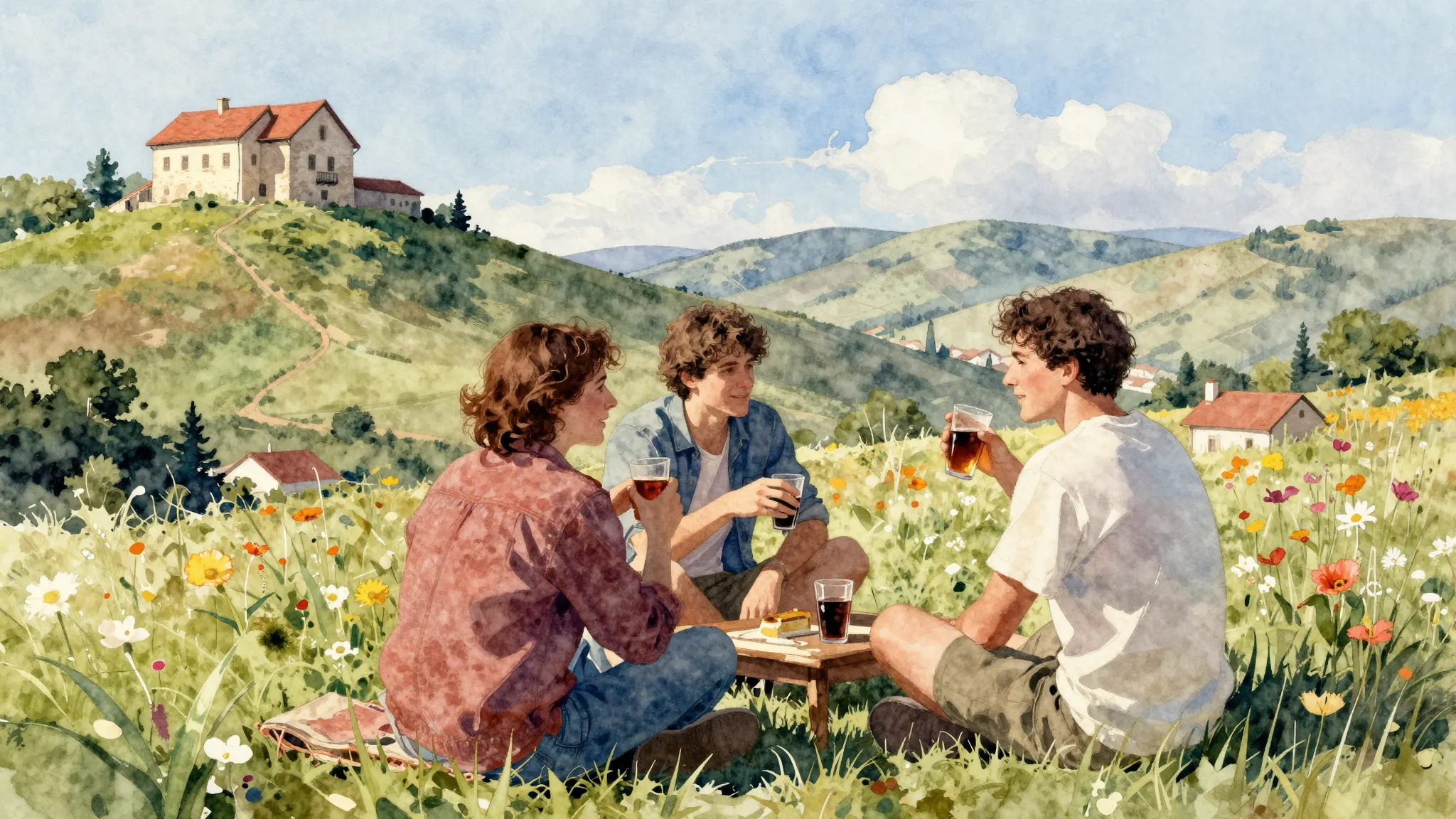 Vibrant watercolor style. Old hills, friends drinking, nosta...