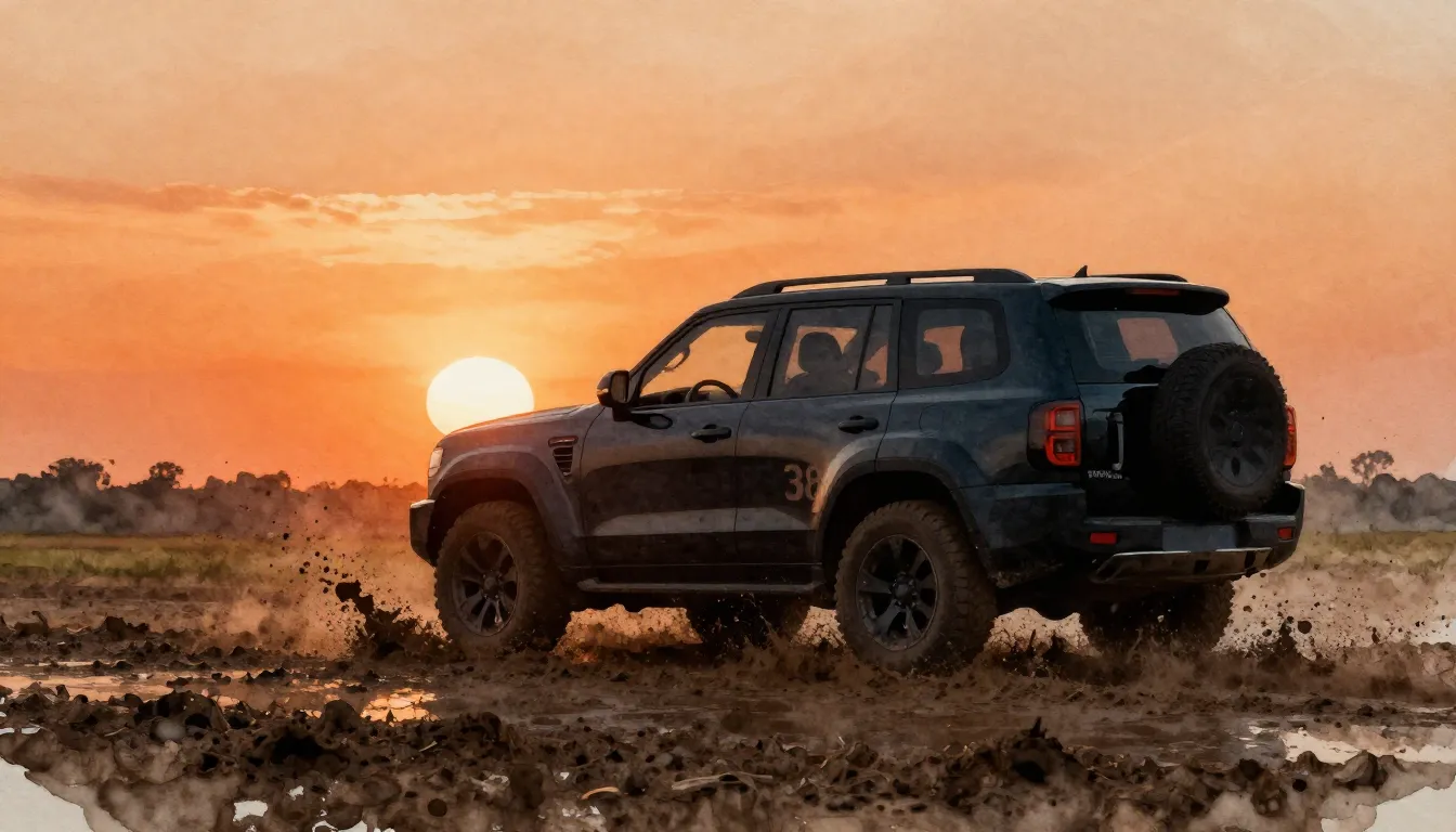 Watercolor style. A silhouette of a powerful SUV driving thr...