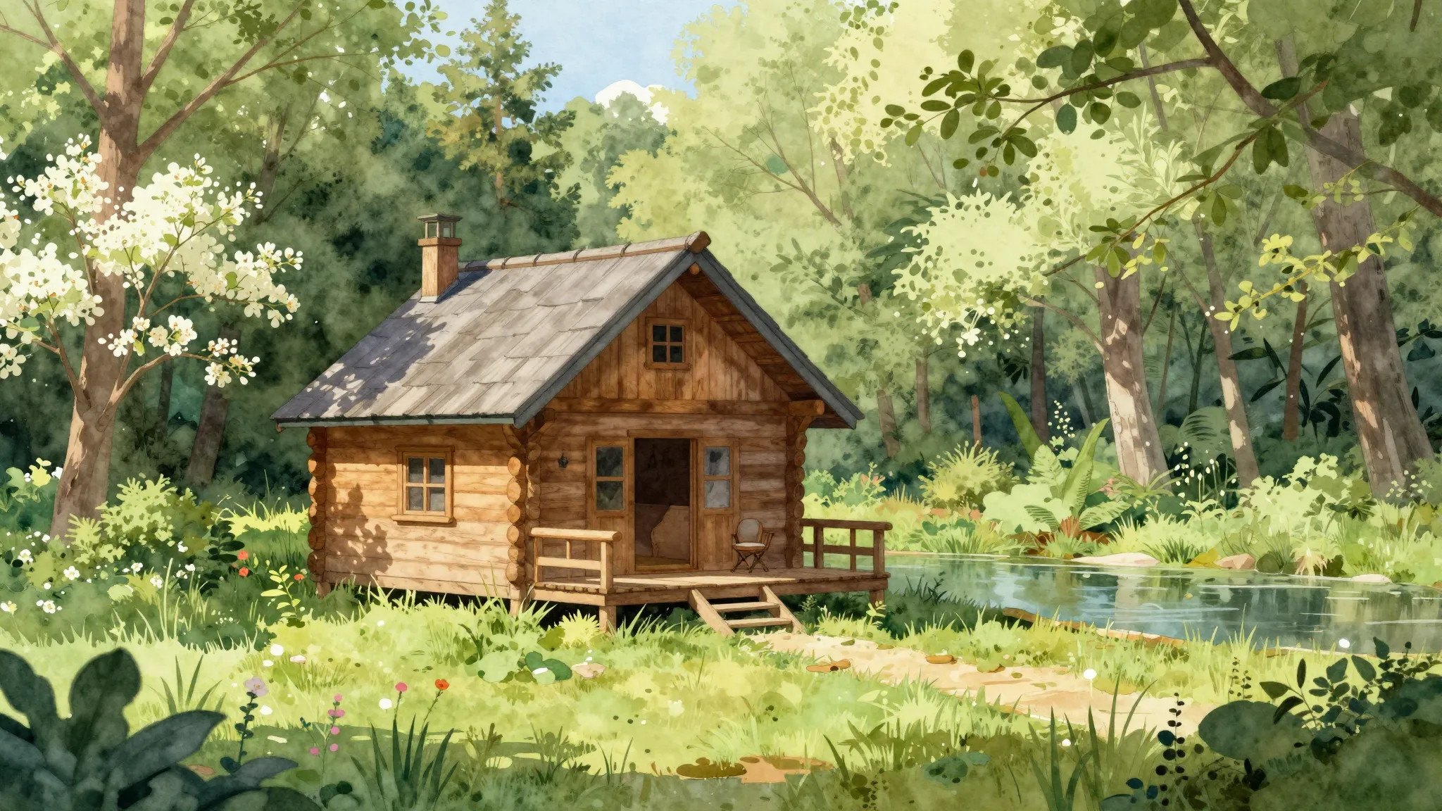 Watercolor style. A cozy wooden cabin in a lush green spring...