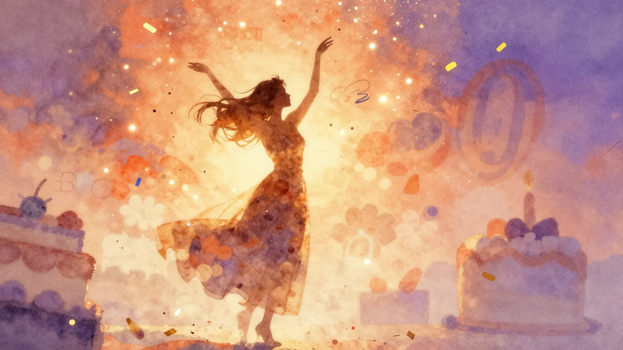 Watercolor style. A silhouette of a woman joyfully dancing i...