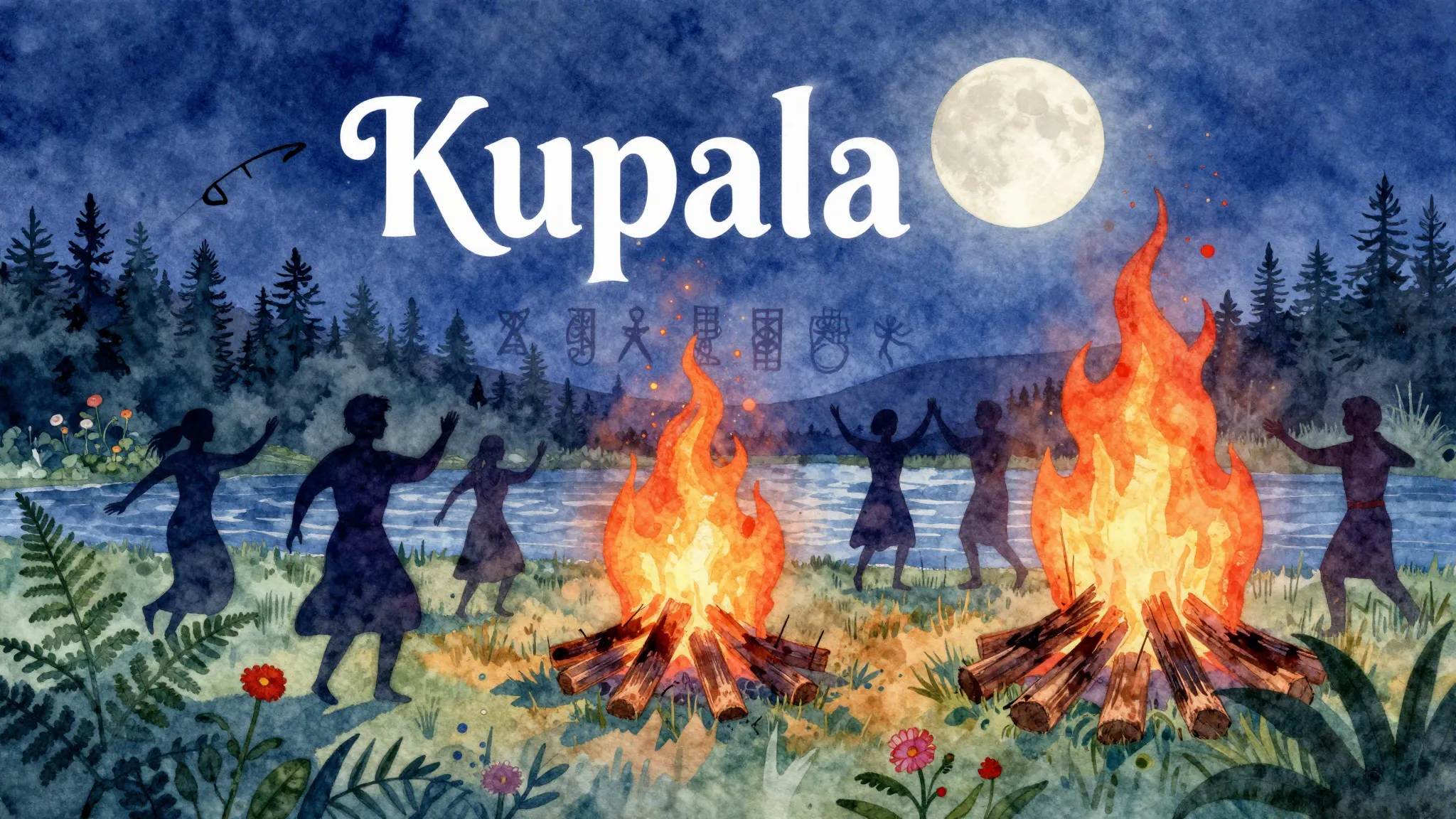 Vibrant watercolor style. Slavic folk album cover, Kupala Ni...